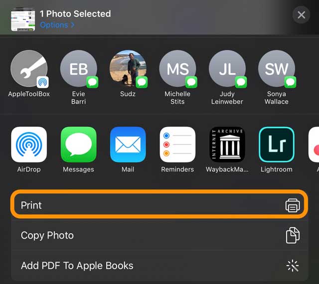 action d'impression en haut de votre feuille de partage dans iOS 13 et iPadOS