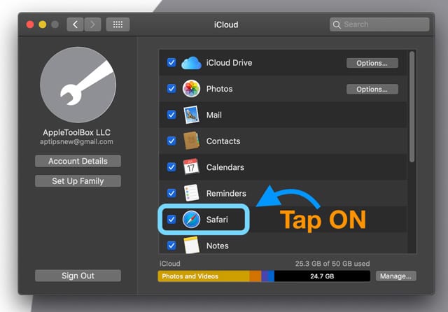 activer Safari dans iCloud sur Mac pour synchroniser les paramètres