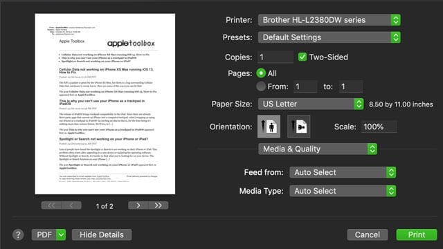 options d'imprimante pour mac vs options d'impression pour iPhone et iPad