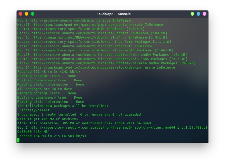 Commandes du terminal d'installation Spotify sur Ubuntu