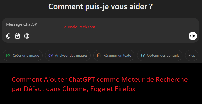 Ajouter ChatGPT comme moteur de recherche
ChatGPT moteur de recherche personnalisé
ChatGPT Chrome, Edge, Firefox
Utiliser ChatGPT dans le navigateur
IA dans le navigateur
