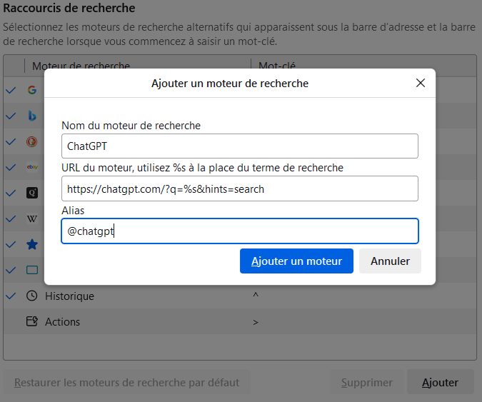 Ajouter ChatGPT comme moteur de recherche
ChatGPT moteur de recherche personnalisé
ChatGPT Chrome, Edge, Firefox
Utiliser ChatGPT dans le navigateur
IA dans le navigateur
