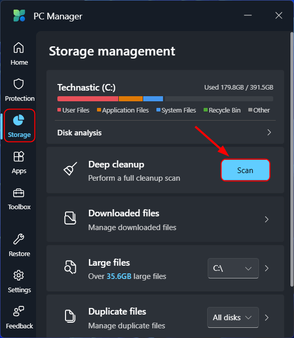 effectuer une analyse approfondie à l'aide de Microsoft PC Manager