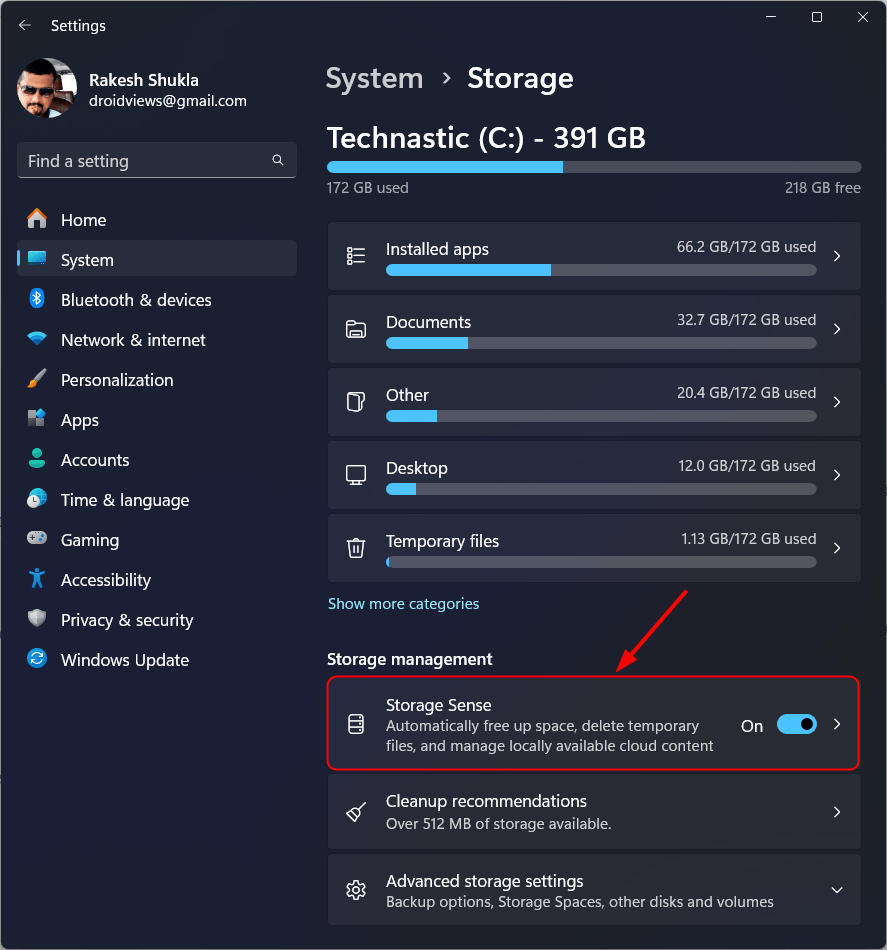 Ouvrir le sens du stockage à partir des paramètres système Windows