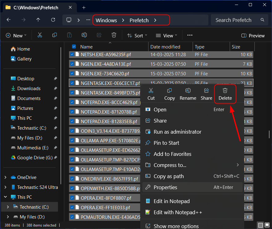 supprimer le cache de prélecture dans Windows