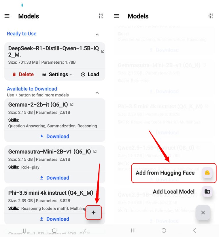 sélectionnez Ajouter à partir de l'option visage câlin dans Pocketpal ai