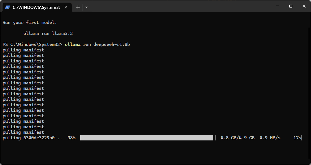 puul deep seek r1 via ollama en utilisant la commande dans le terminal