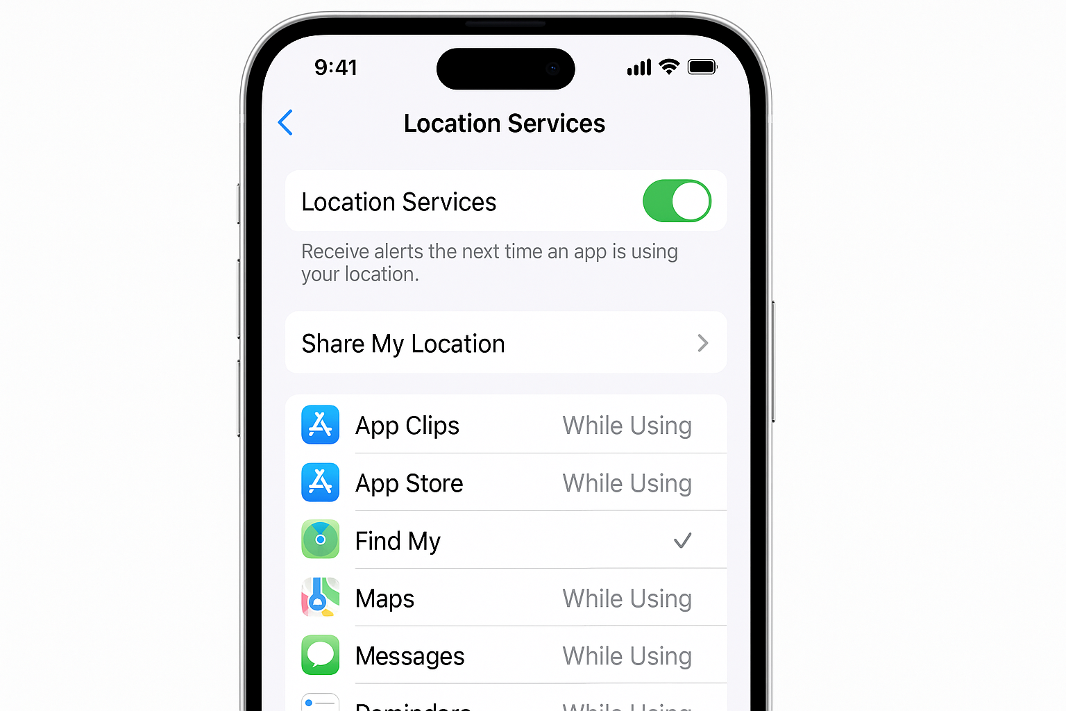 Paramètres des services de localisation affichant Apple Maps avec diverses options de confidentialité
