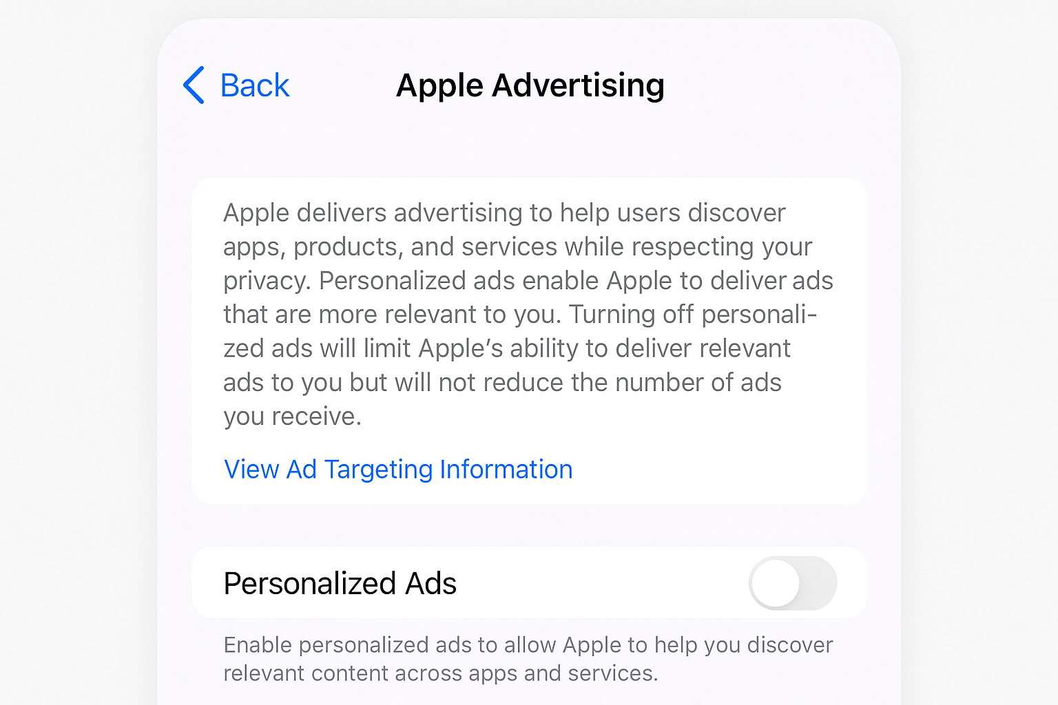 Page des paramètres Apple Advertising affichant les annonces personnalisées en position désactivée