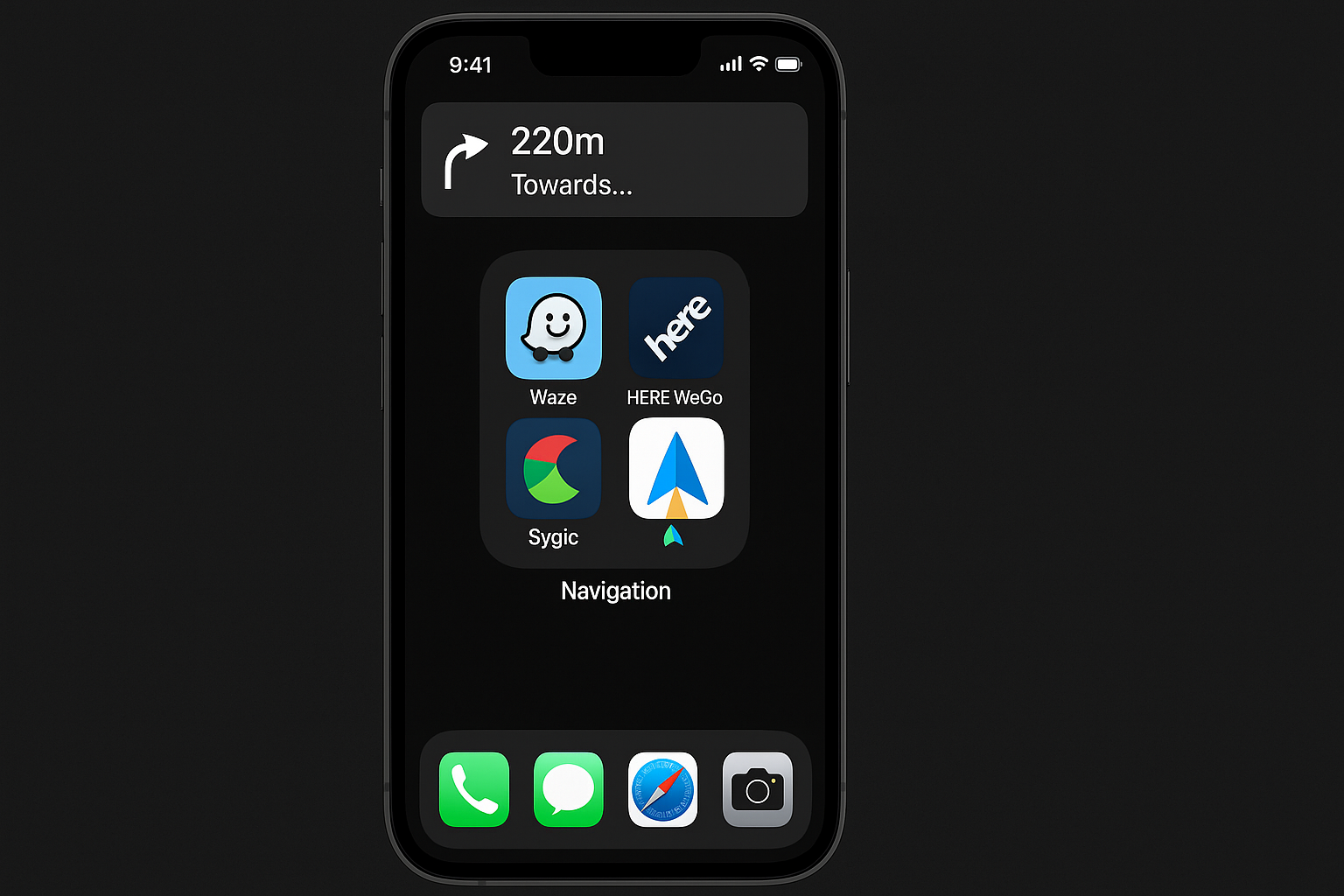 Écran d'accueil de l'iPhone affichant des applications de navigation alternatives, notamment Waze, HERE WeGo et Sygic