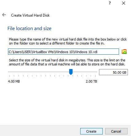 taille de l'emplacement du fichier pour Windows 10 vm sous Linux