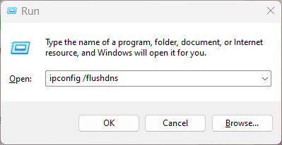 Fluch DNS Cache à l'aide de la boîte de dialogue d'exécution de Windows
