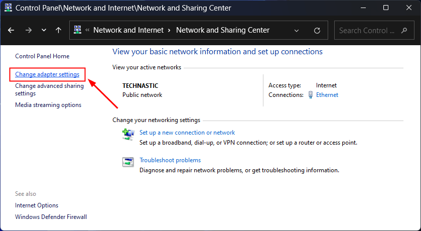 centre de paramètres de réseau et de partage dans Windows