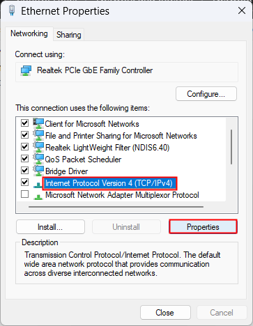 Propriétés Ethernet Windows 11