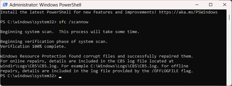 analyse sfc maintenant commande Windows PowerShell