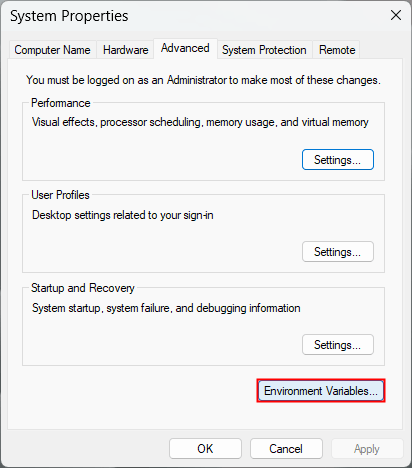 variables d'environnement ouvertes dans Windows 11