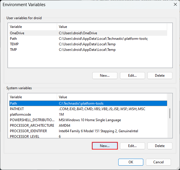 variable de chemin dans Windows 10