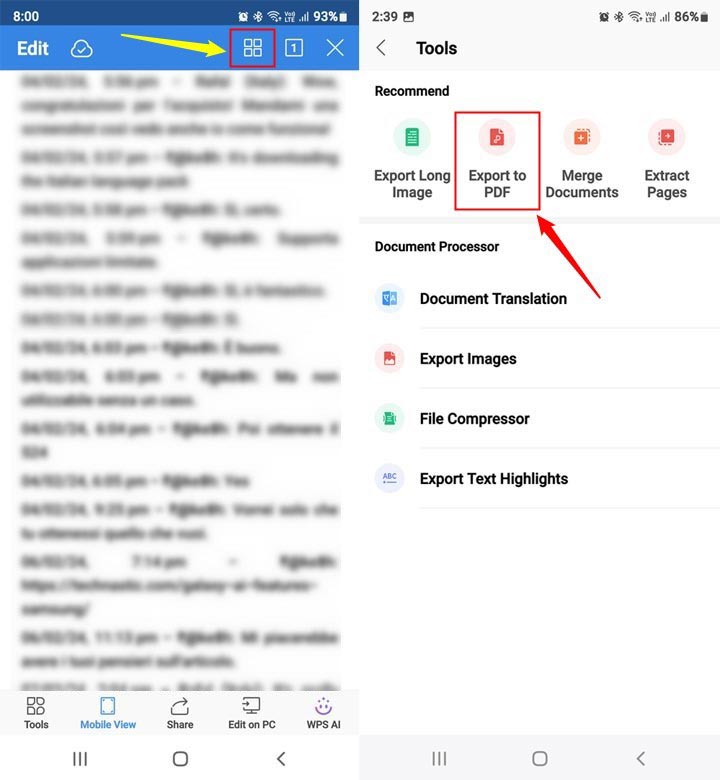 exporter du texte au format PDF dans WPS Office pour Android