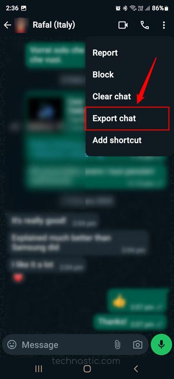 option d'exportation de chat dans WhatsApp pour Android