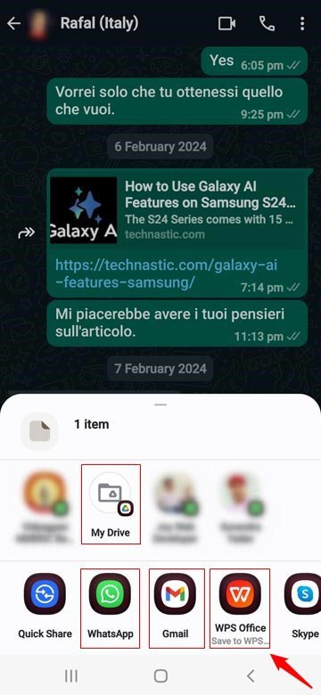 partager le chat WhatsApp exporté via le menu de partage Android