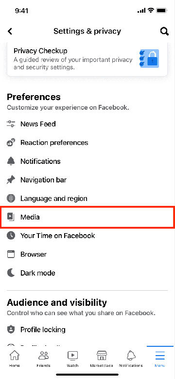 paramètres multimédia sur Facebook pour iOS