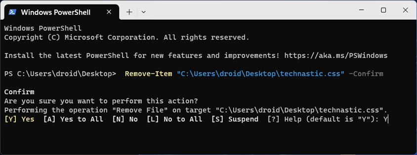 confirmer la suppression du fichier dans PowerShell