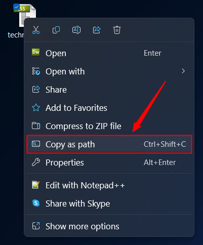 copier le chemin du fichier via le menu contextuel de Windows