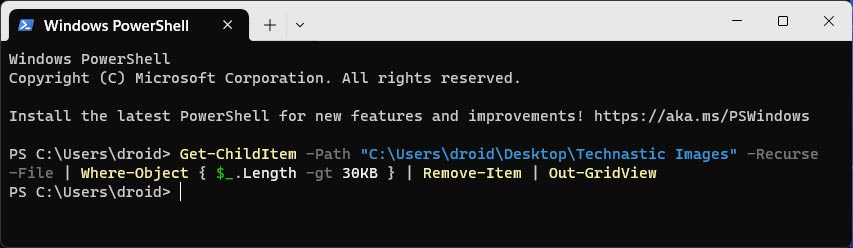 commande powershell pour supprimer des fichiers par taille de fichier