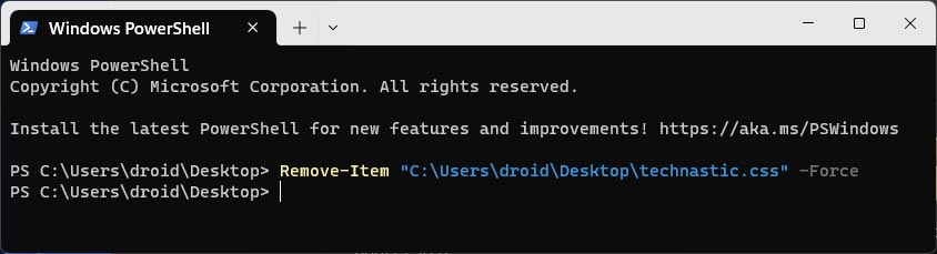 supprimer le fichier en lecture seule et caché dans PowerShell