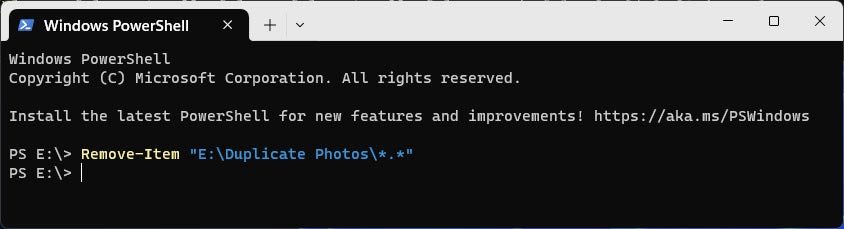 commande powershell pour supprimer des fichiers mais conserver le dossier