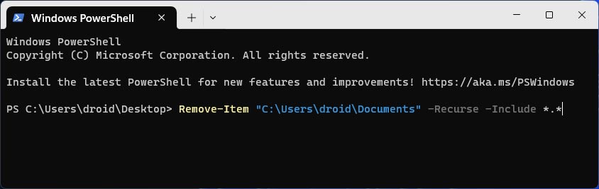 commande powershell pour supprimer tous les fichiers d'un dossier