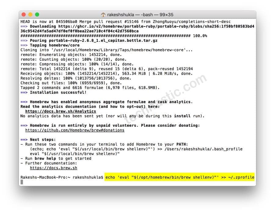 commande home Brew dans le terminal Mac