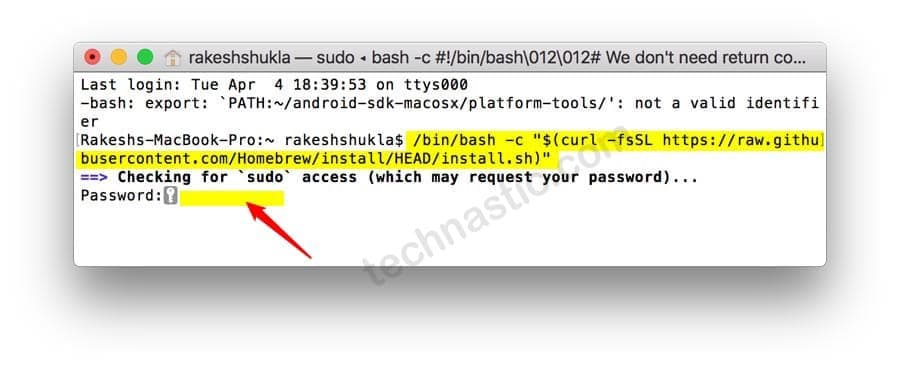 entrez le mot de passe pour installer homebrew sur mac