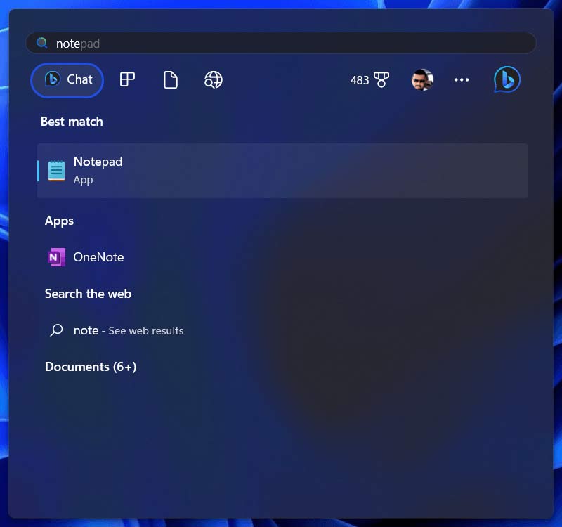 rechercher le bloc-notes dans Windows