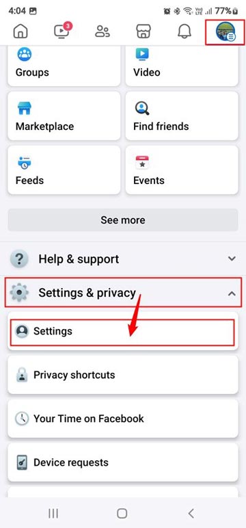 paramètres et paramètres de confidentialité sur l'application Facebook