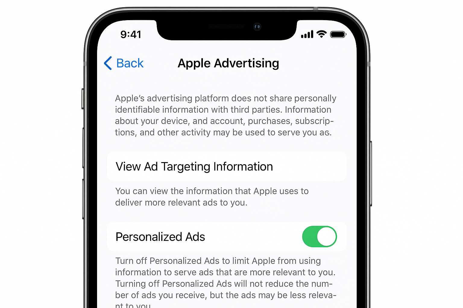 Paramètres iOS affichant la section Confidentialité et sécurité avec l'option Apple Advertising mise en surbrillance