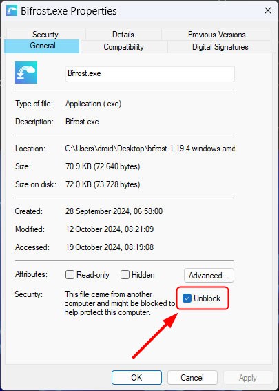 débloquer une application inconnue des propriétés de l'application sur Windows 11