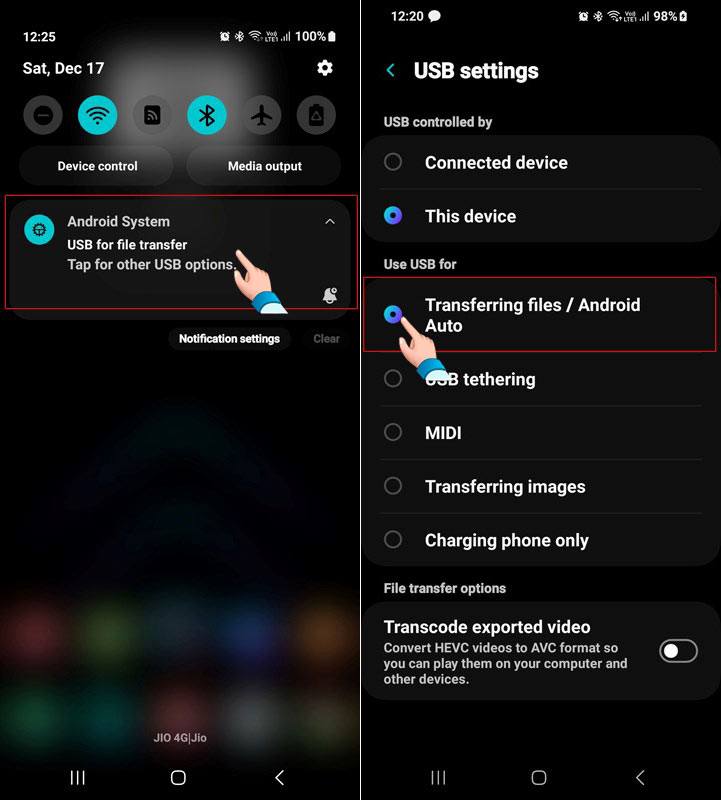 mode de transfert de fichiers USB sur Android