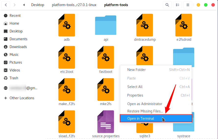 Option Ouvrir dans le terminal sous Linux