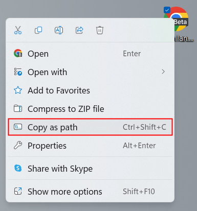 copier comme option de chemin dans Windows 11