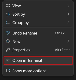 option ouvrir dans le terminal dans le menu contextuel de Windows