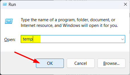 ouvrir le dossier temporaire dans Windows via la boîte de dialogue d'exécution